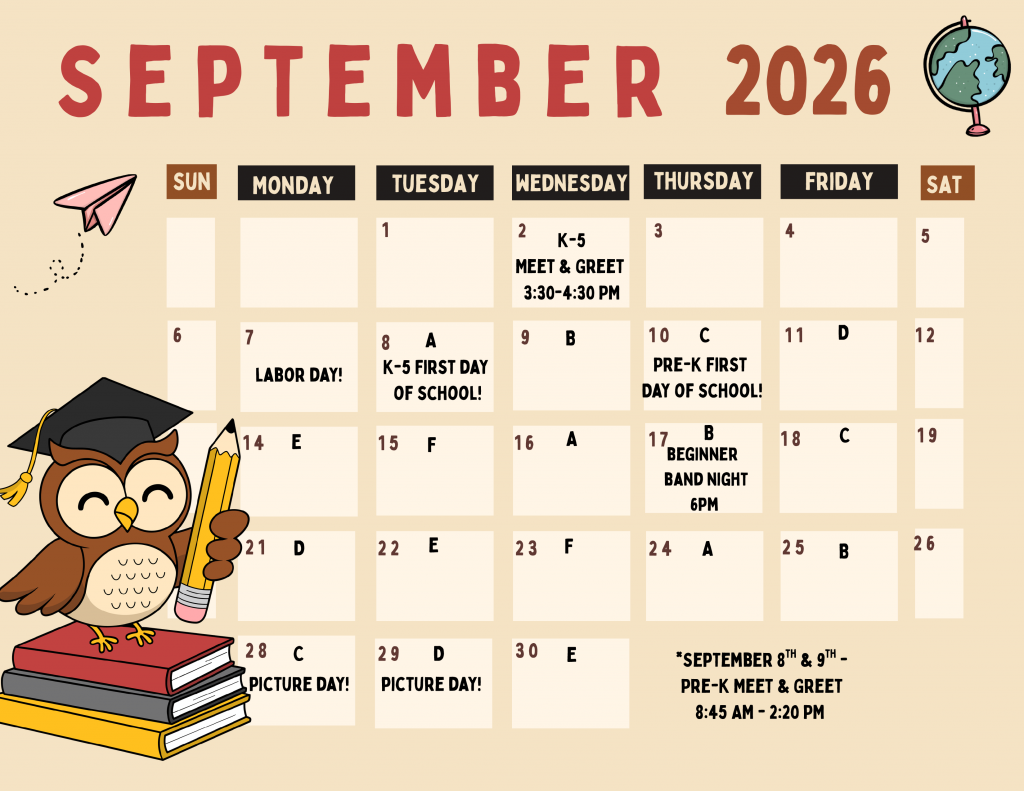 September 2026 A-F Calendar with an owl and book and September calendar