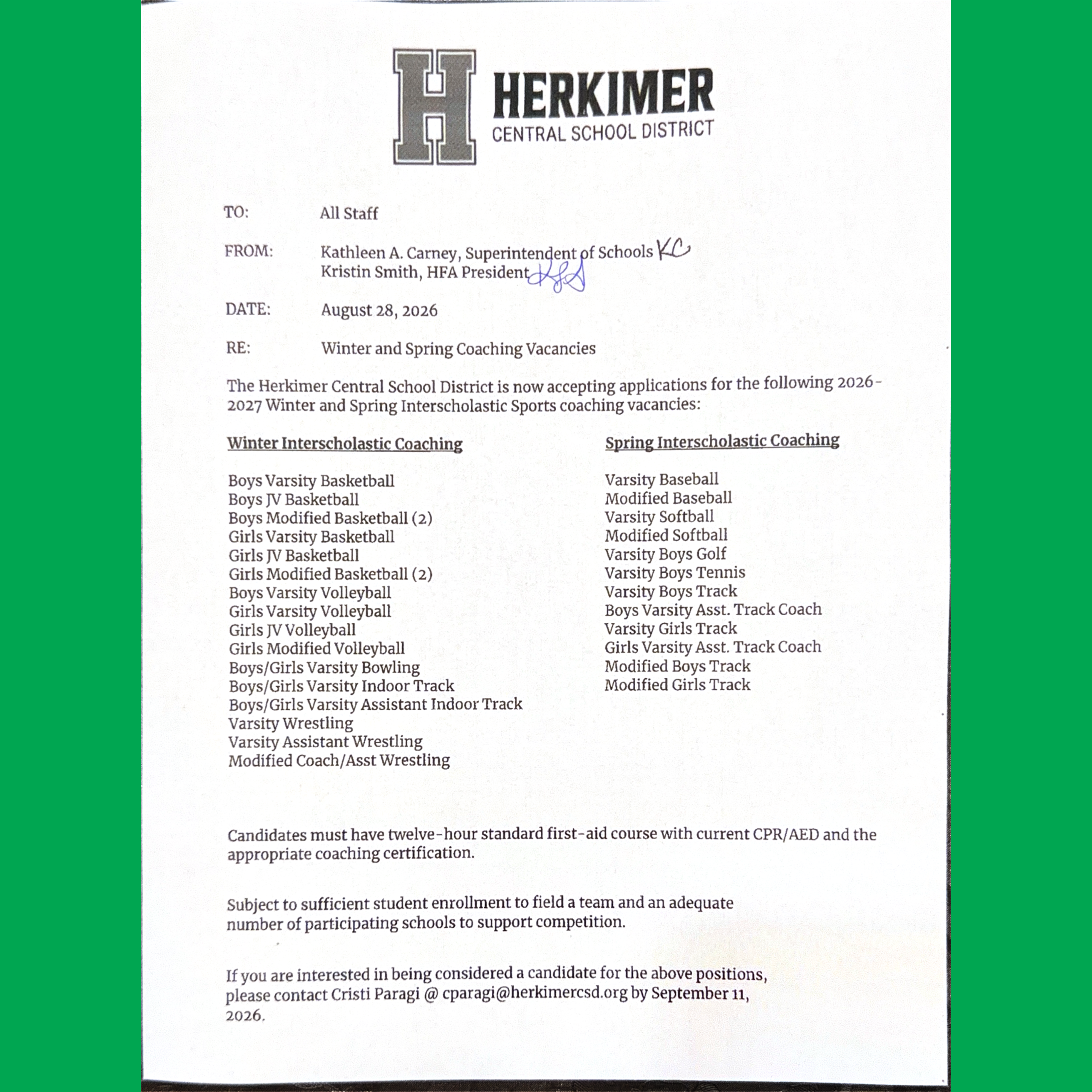 Winter and Spring sports coaching vacancies
