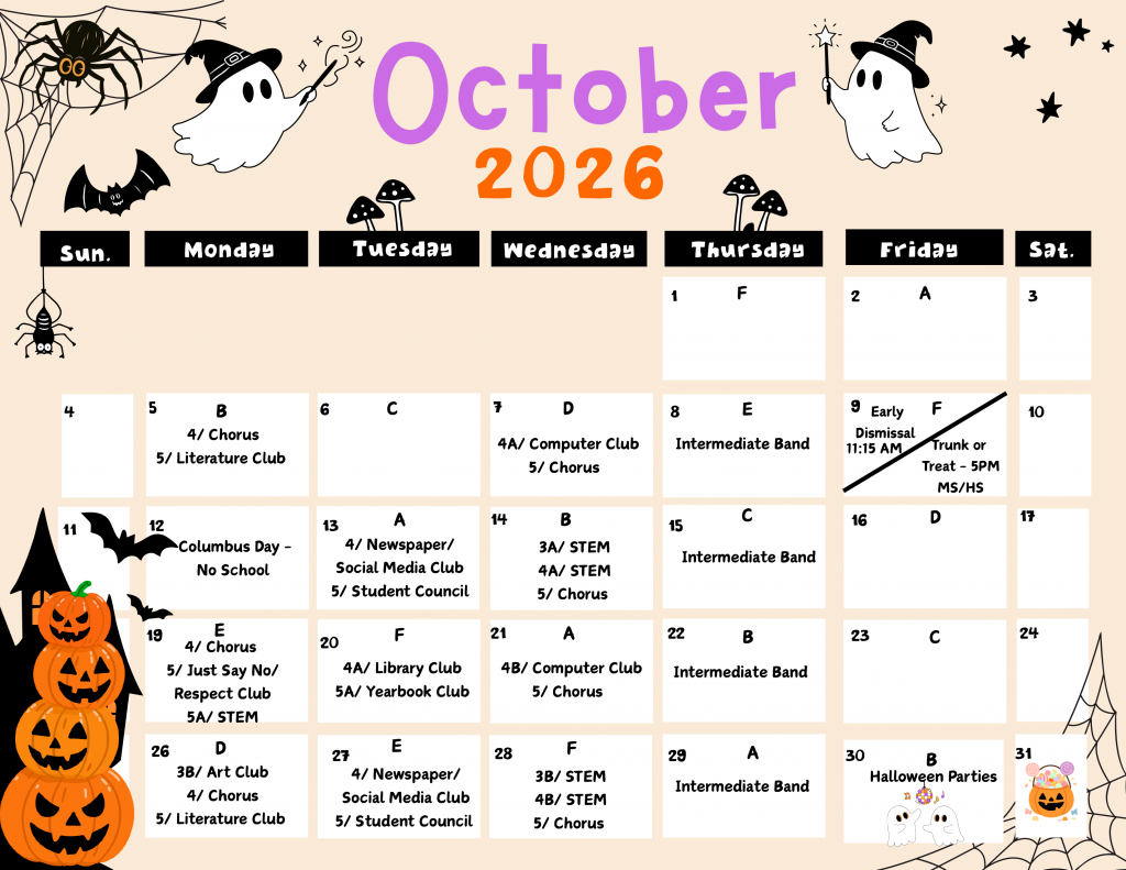 October 2026 A-F calendar with ghosts, pumpkins, spider, bats